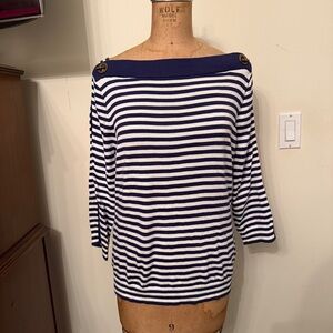 Lauren Ralph Lauren Navy White Nautical Stripes Off The Shoulder 3/4 Sleeve Top